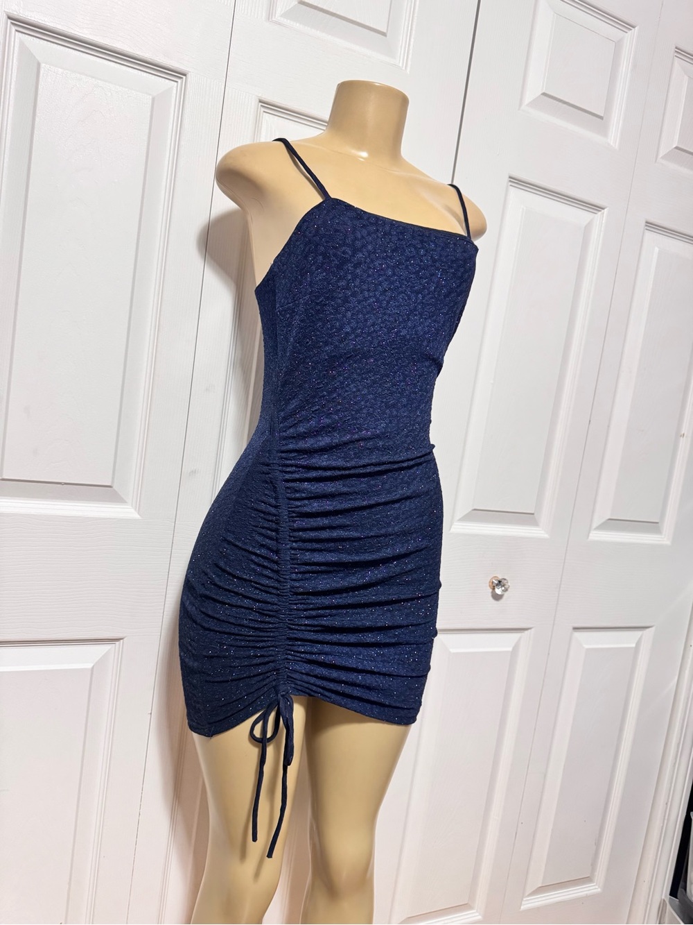 Windsor Navy Sparkle Ruched Drawstring Mini Dress medium